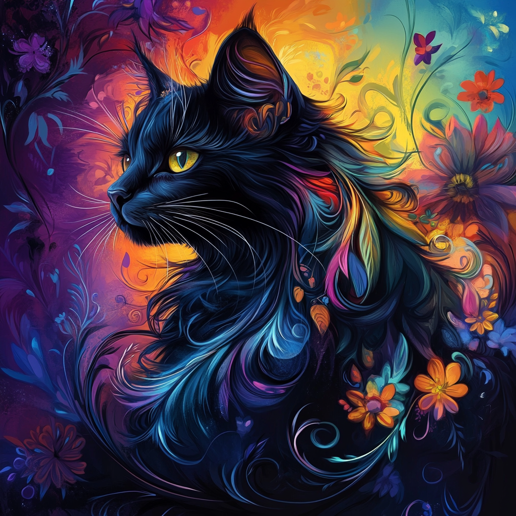 Colorful Swirls And Flower Black Cat Diamond Art Kit