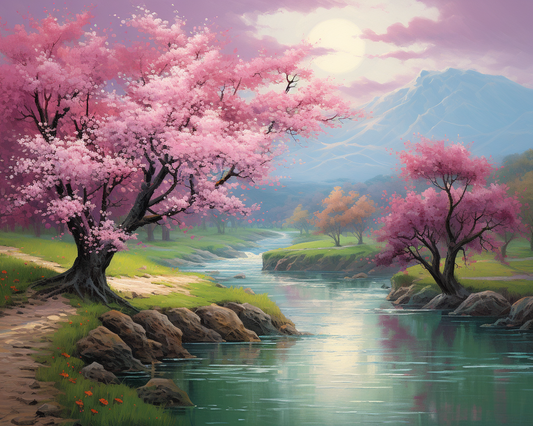 Mountain Stream Cherry Blossoms Diamond Art Kit