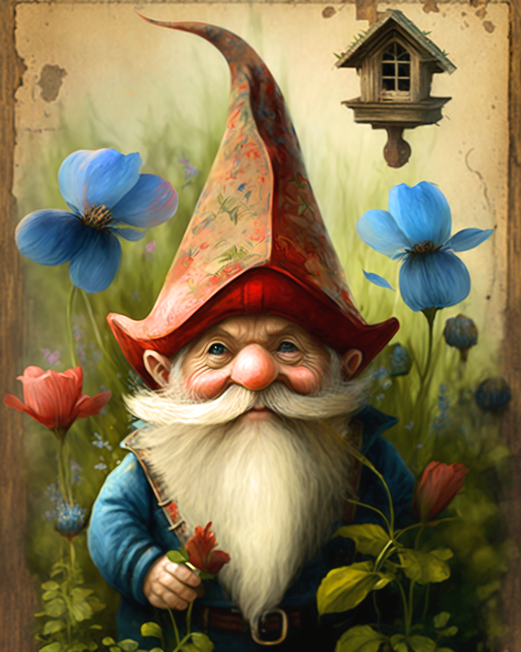 Blue Flower Brown Hat Gnome Diamond Art Kit