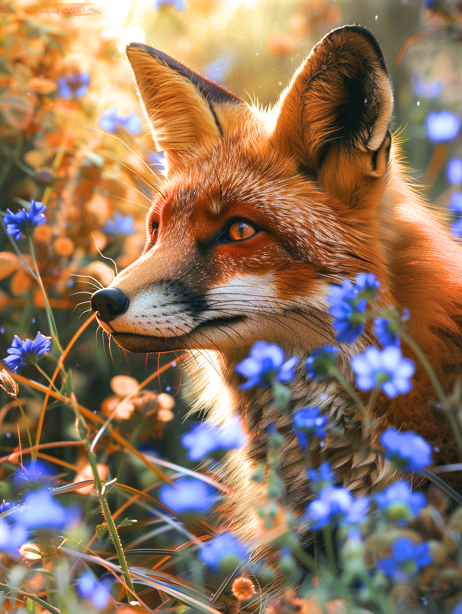 Redfox And Blue Flowers Diamond Art Kit