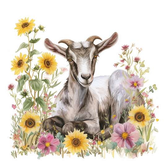 Goat In Flowers Watercolor Diamond Art Kit