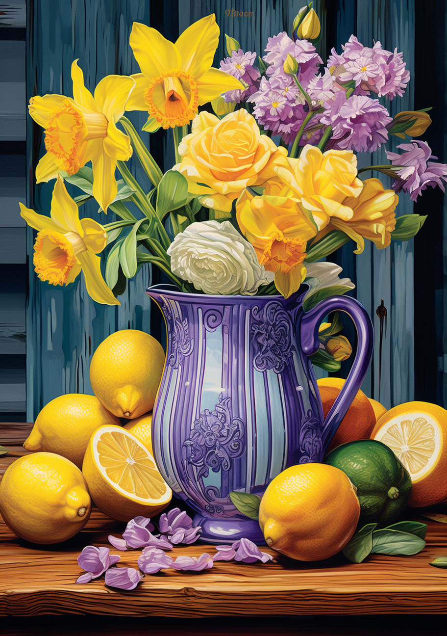 Purple Vase Of Flowers And Lemons Diamond Art Kit