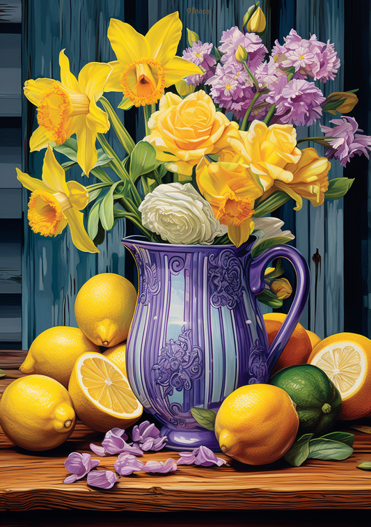 Purple Vase Of Flowers And Lemons Diamond Art Kit