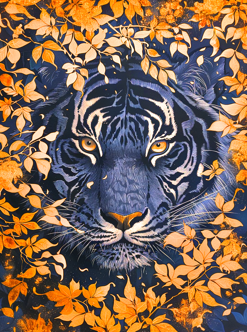 Yellow Leaves And Eyes Tiger Diamond Art Kit