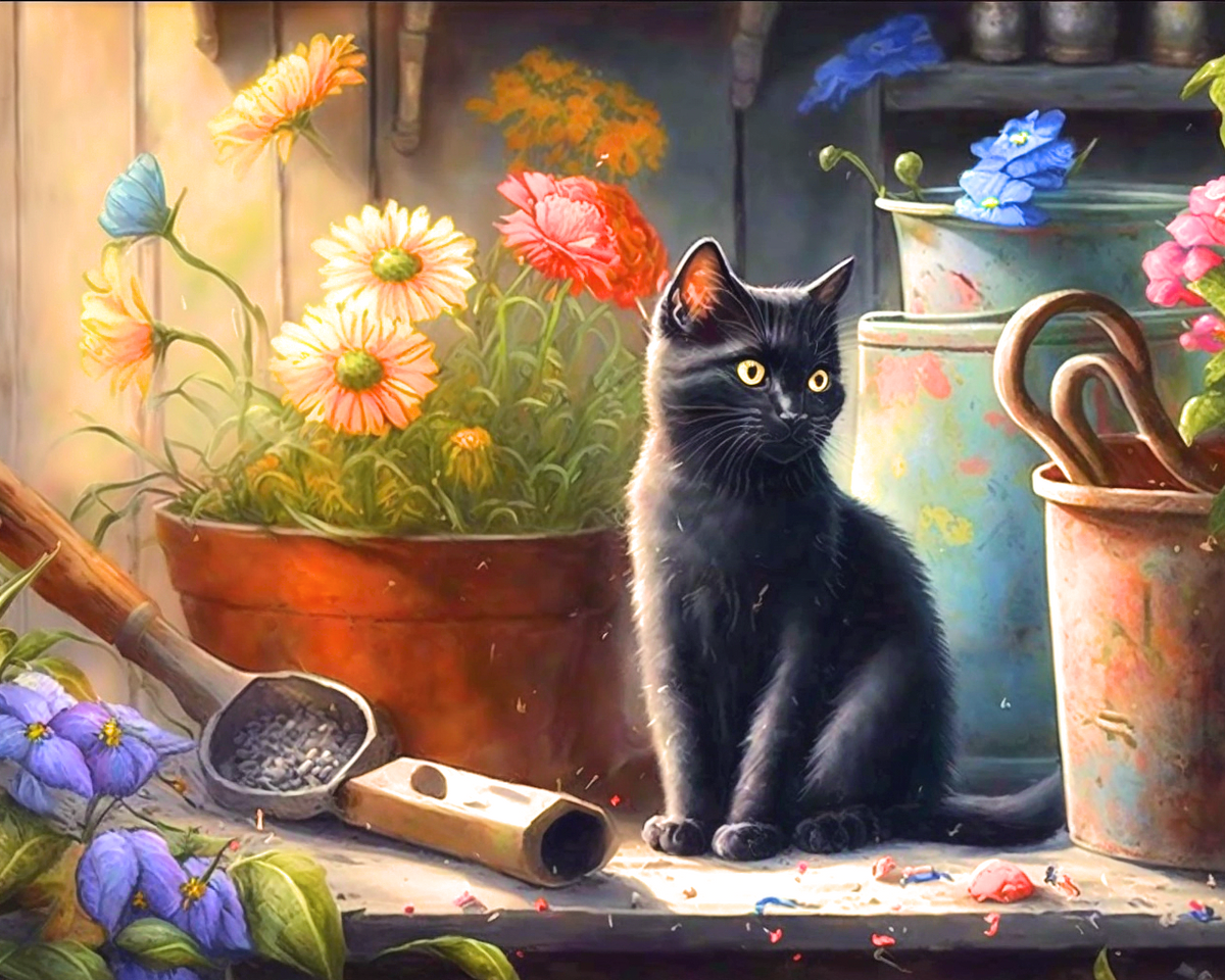 Yellow Eye Kitten Flowers Diamond Art Kit