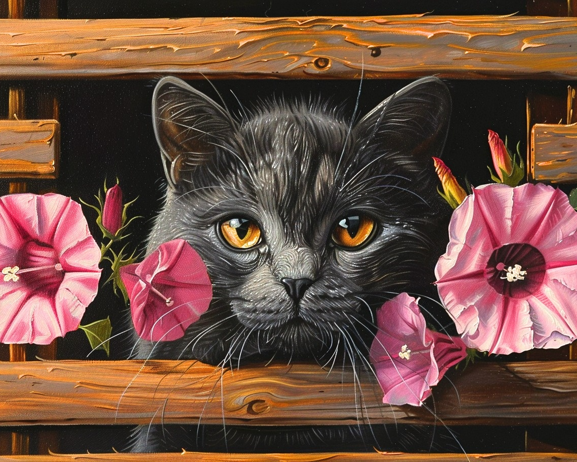 Black Cat In Pink Flowers Diamond Art Kit
