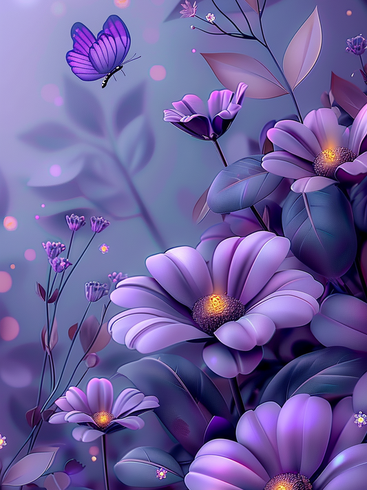 Purple Glowing Flowers Butterfly Diamond Art Kit