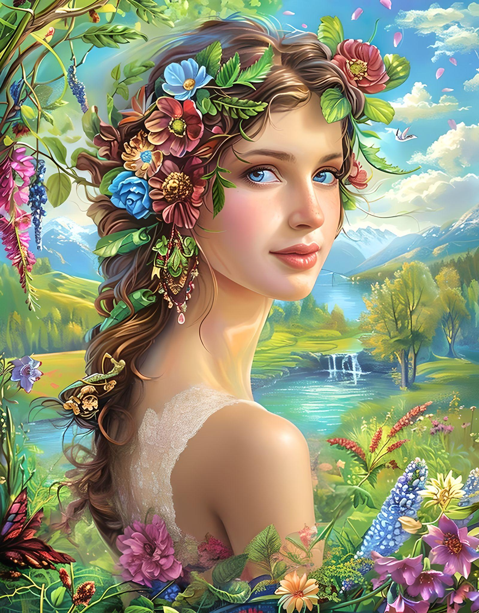Stream Waterfall Girl Flowers Diamond Art Kit