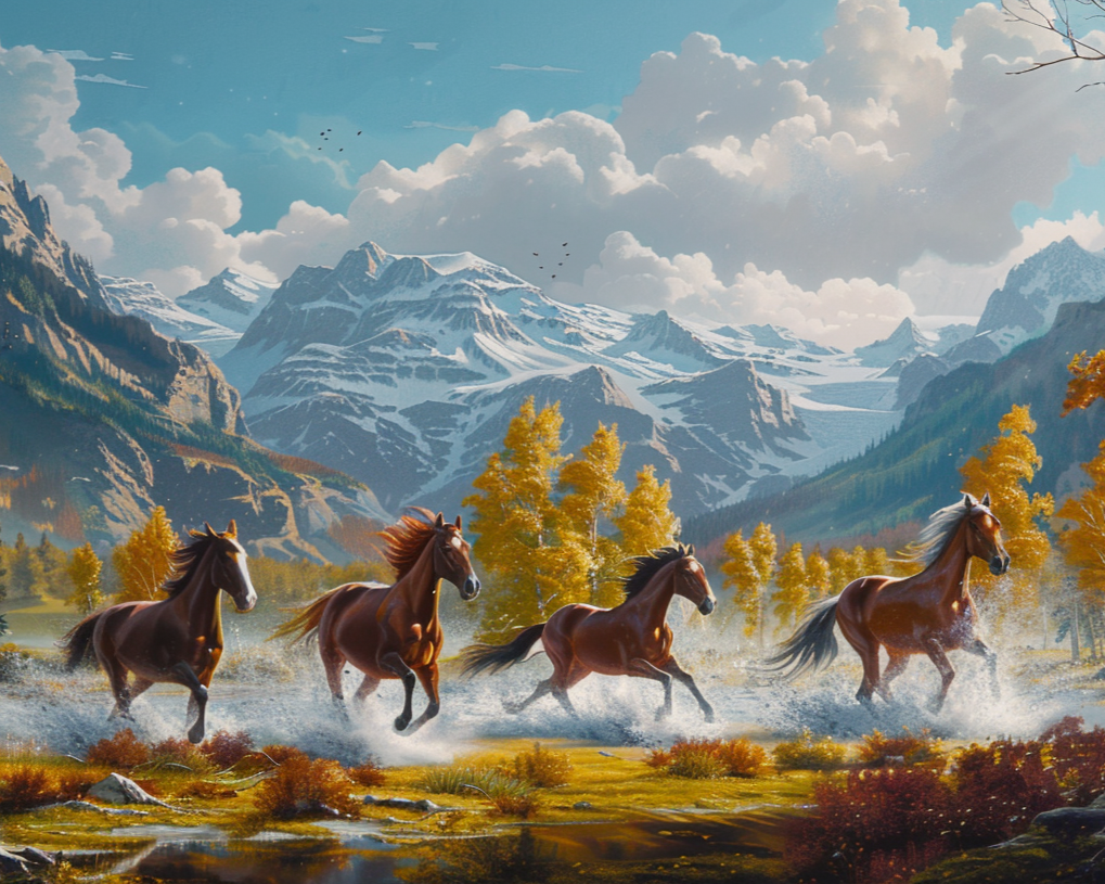 Four Horses Running Autumn Mountain Valley Diamond Art Kit