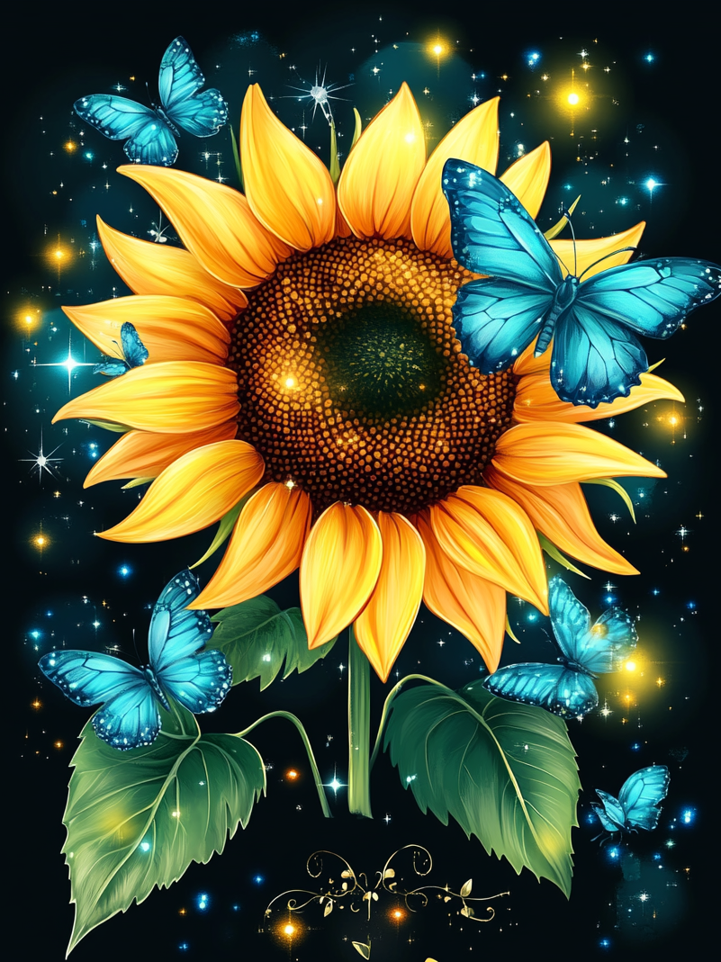 Blue Butterflies And Sunflower Diamond Art Kit