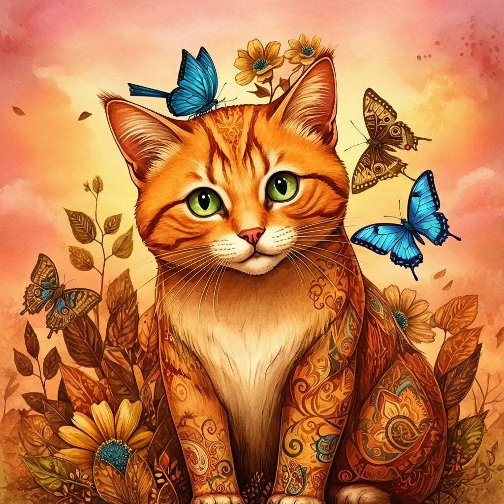 Butterflies And Abstract Cat Diamond Art Kit