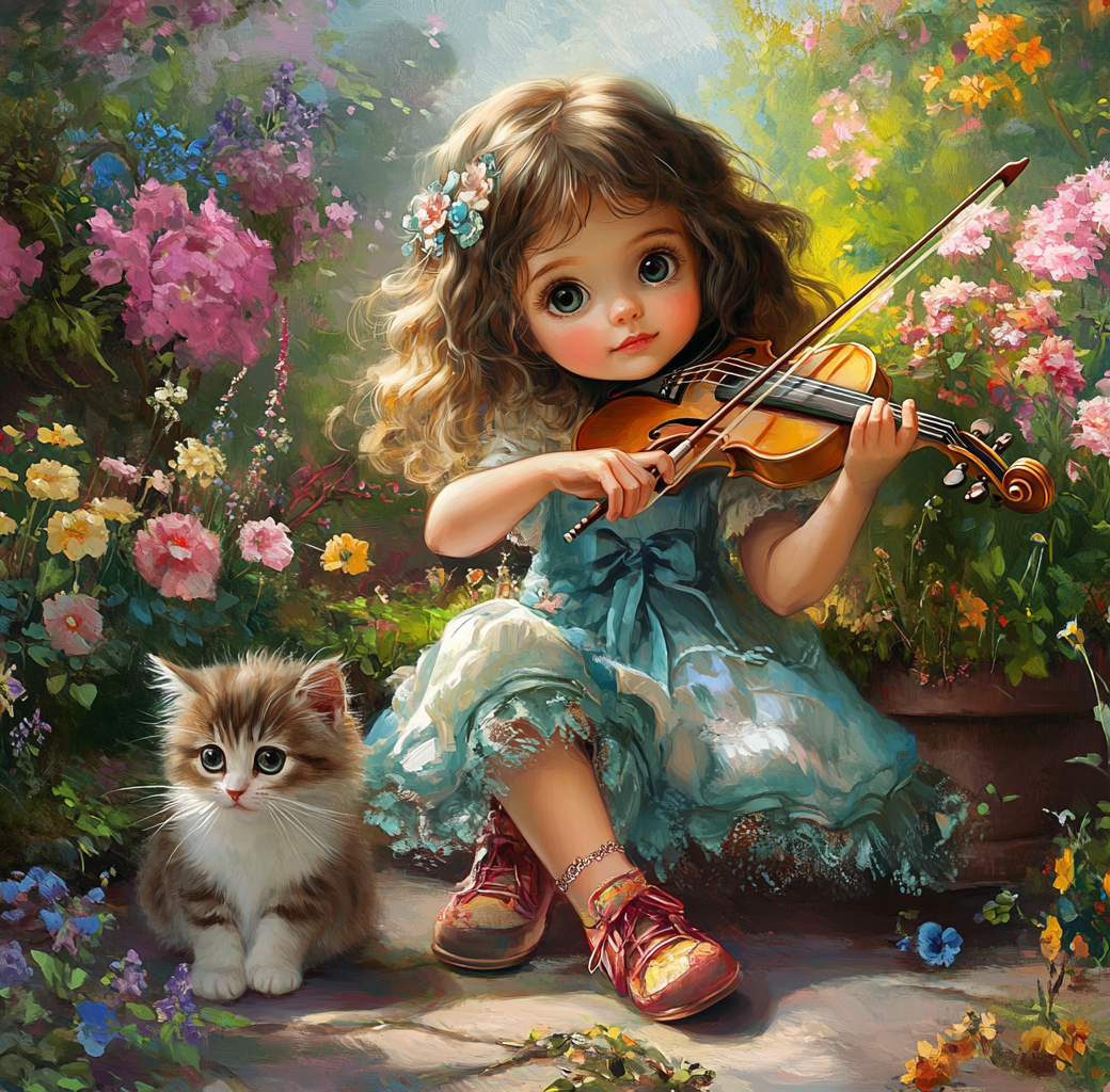 Fluffy Kitten Violin Girl Diamond Art Kit