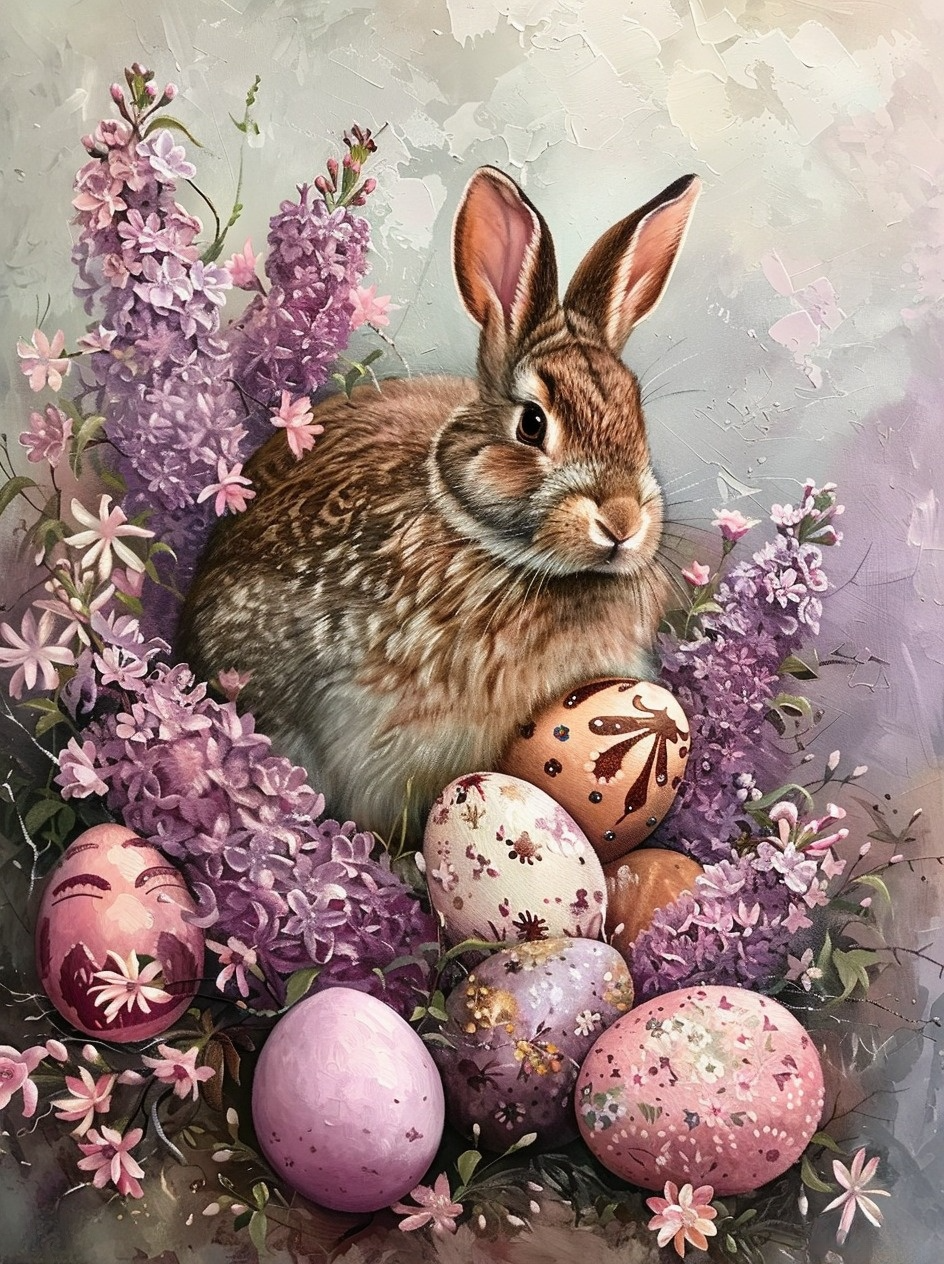 Rabbit With Eggs And Flowers Diamond Art Kit