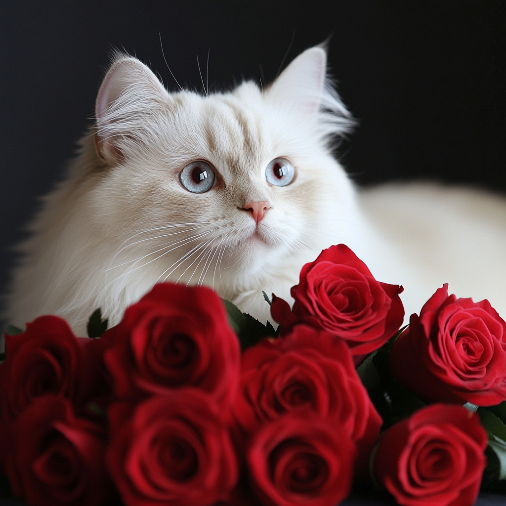 White Cat Red Roses Diamond Art Kit