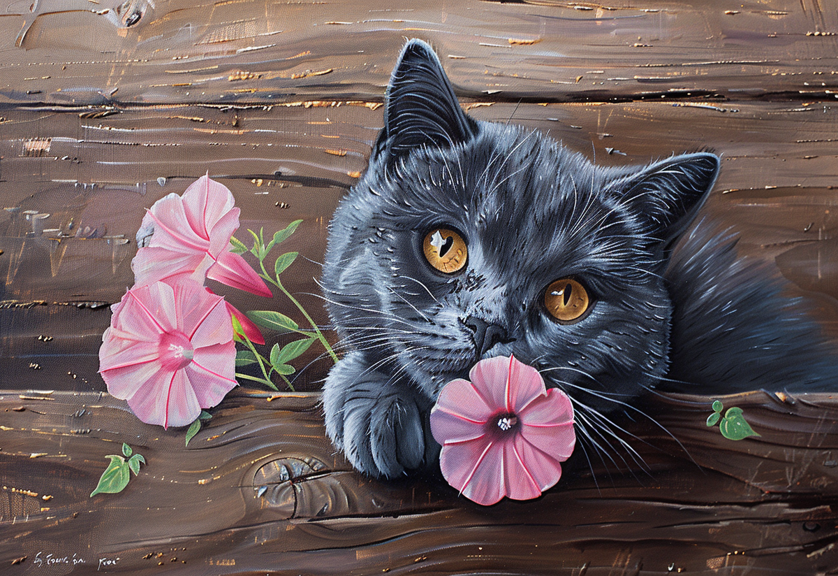 Dark Grey Cat And Pink Flowers Diamond Art Kit