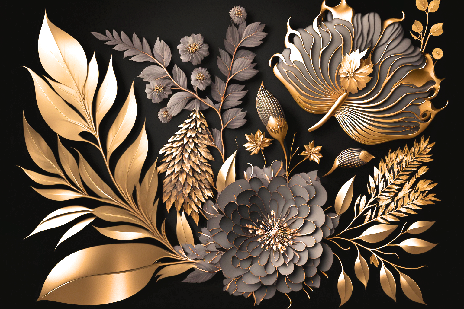 Flowers Gold Gray Diamond Art Kit