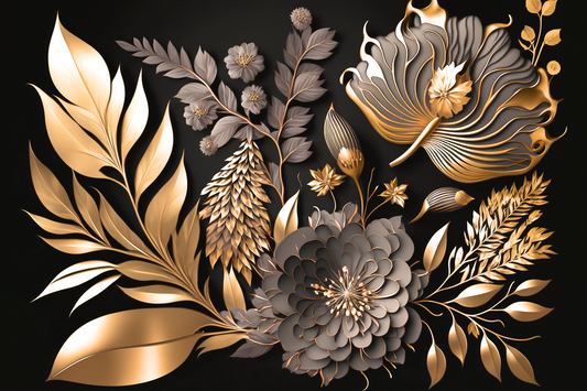 Flowers Gold Gray Diamond Art Kit