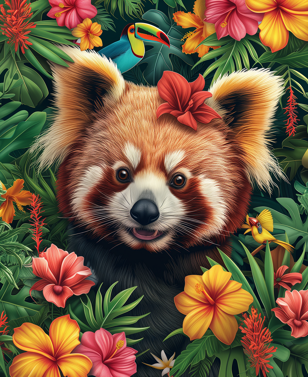 Tropical Flower Red Panda Diamond Art Kit