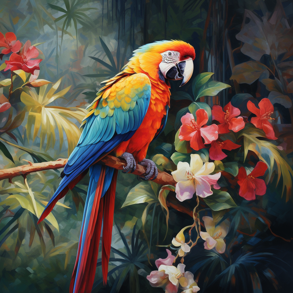 Colorful Macaw And Tropical Flowers Diamond Art Kit