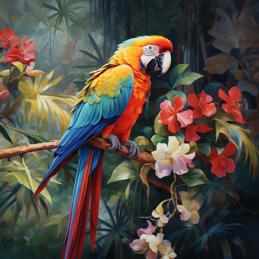 Colorful Macaw And Tropical Flowers Diamond Art Kit