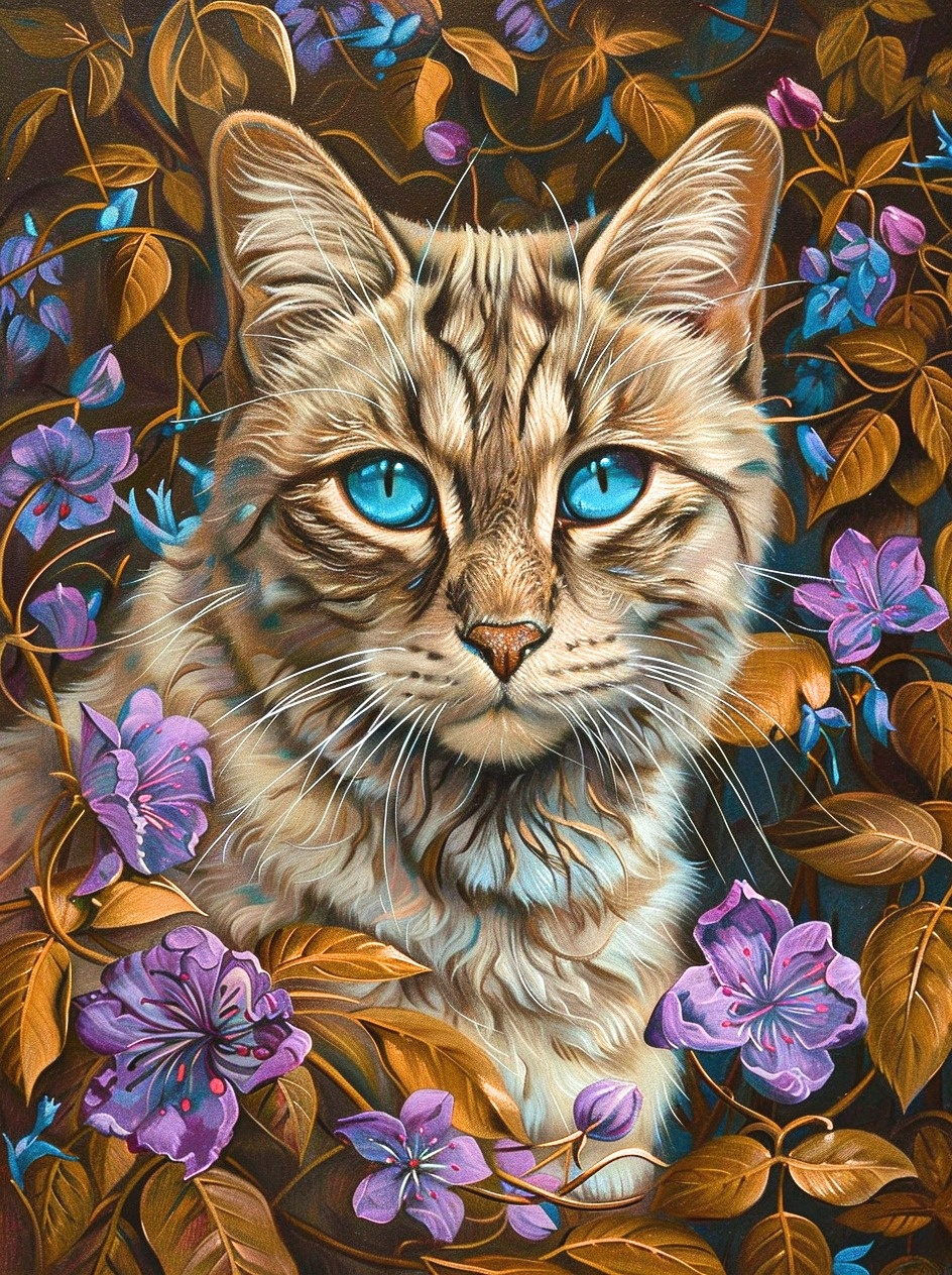 Blueeye Cat Brown Leaves Flowers Diamond Art Kit