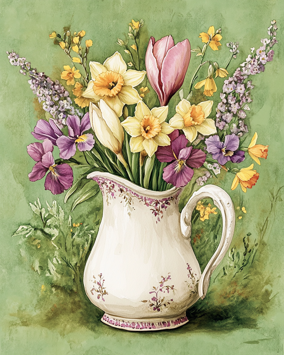 White Handled Pitcher Of Flowers Diamond Art Kit