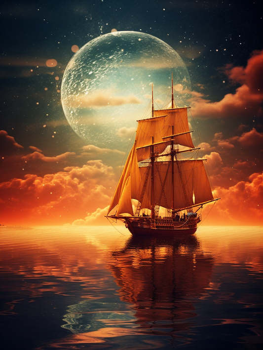 Moon Orange Clouds Ship Diamond Art Kit
