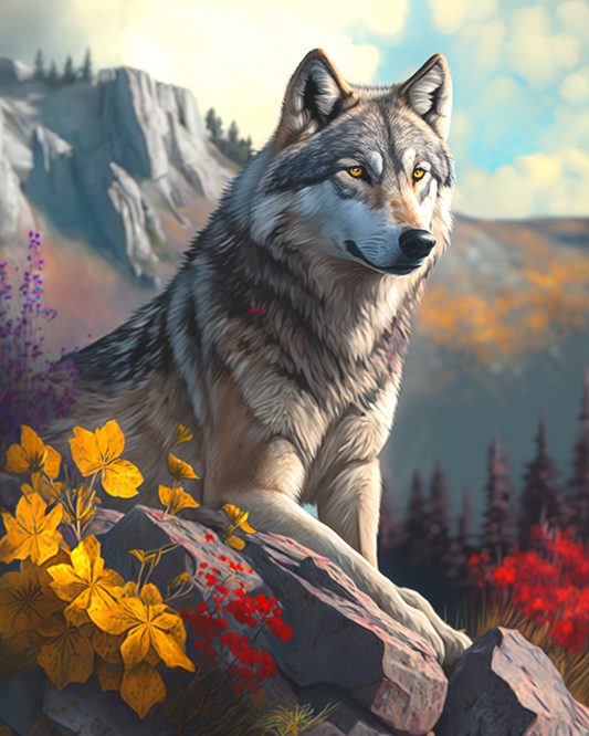 Yellow Flower Wolf Diamond Art Kit
