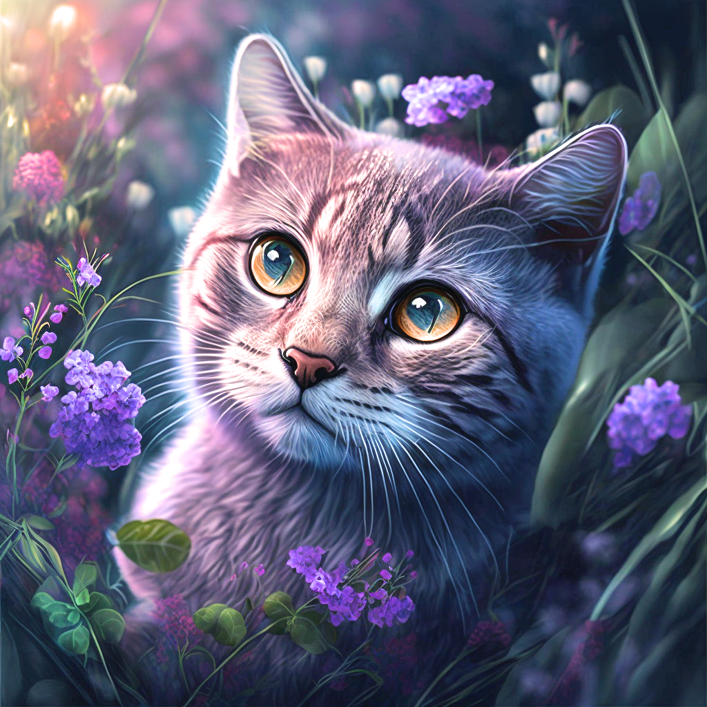 Purple Flower Cat Diamond Art Kit