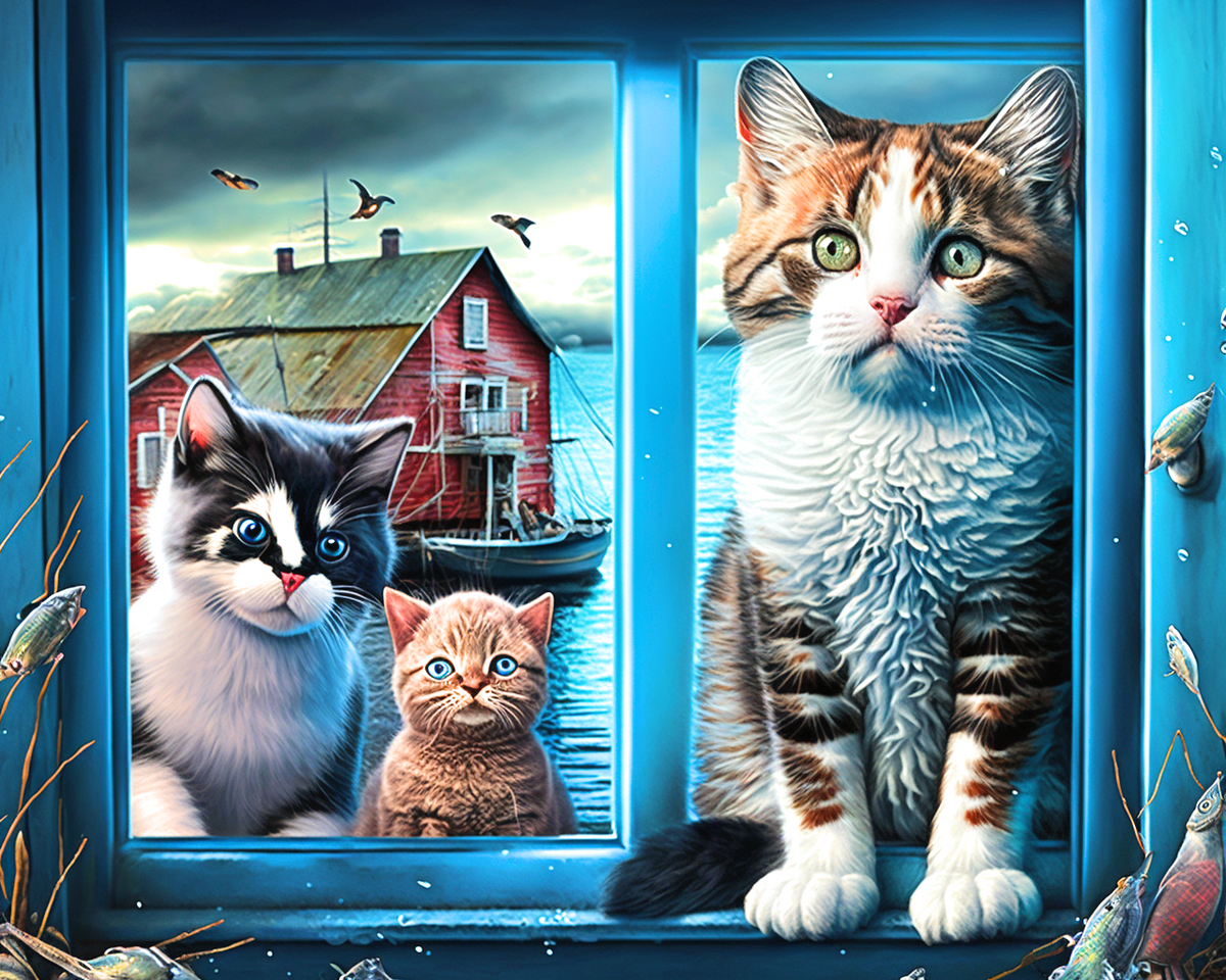 Blue Frame Window Cats Diamond Art Kit