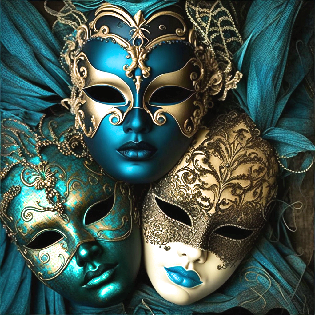 Three Teal Gold Masks Diamond Art Kit