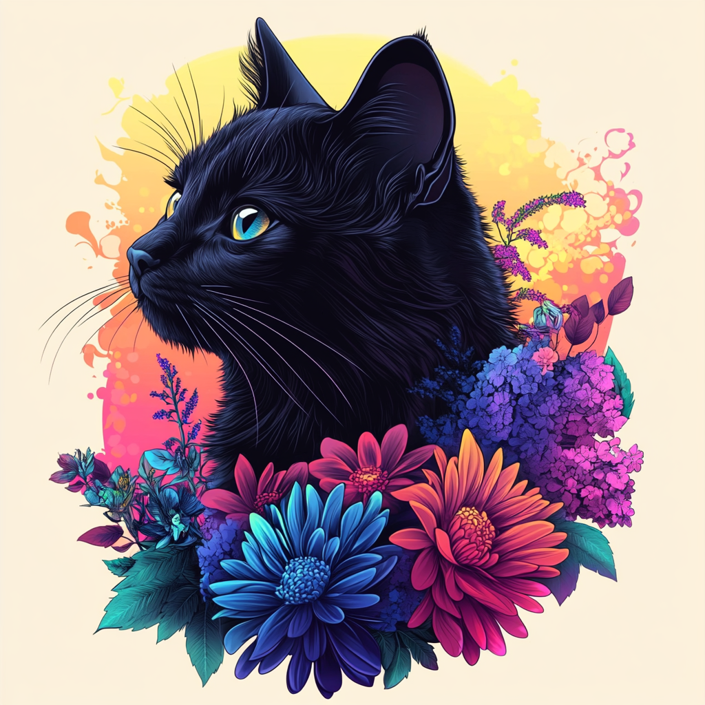 Black Cat Headshot Flowers Diamond Art Kit