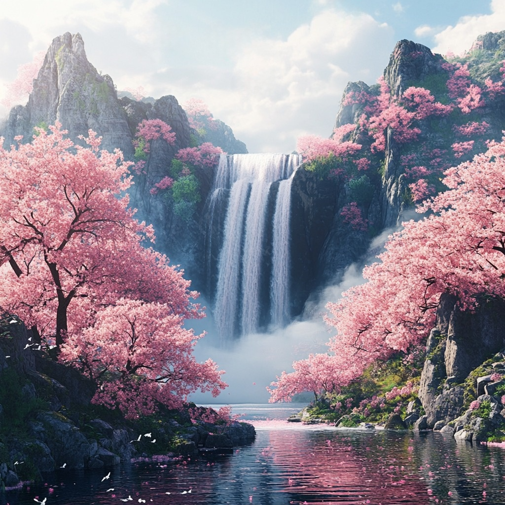 Mountain And Pink Flowers Falls Diamond Art Kit
