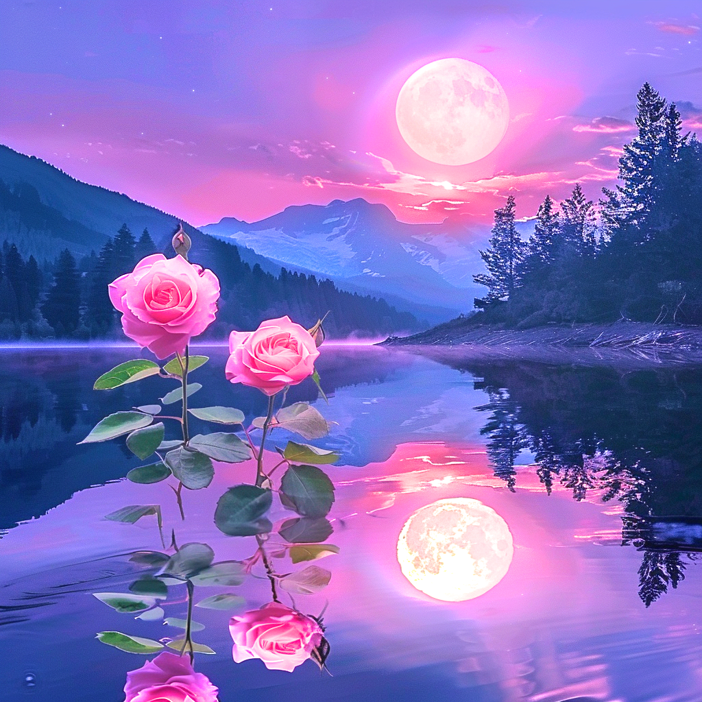 Two Pink Rose Moon Reflection Diamond Art Kit