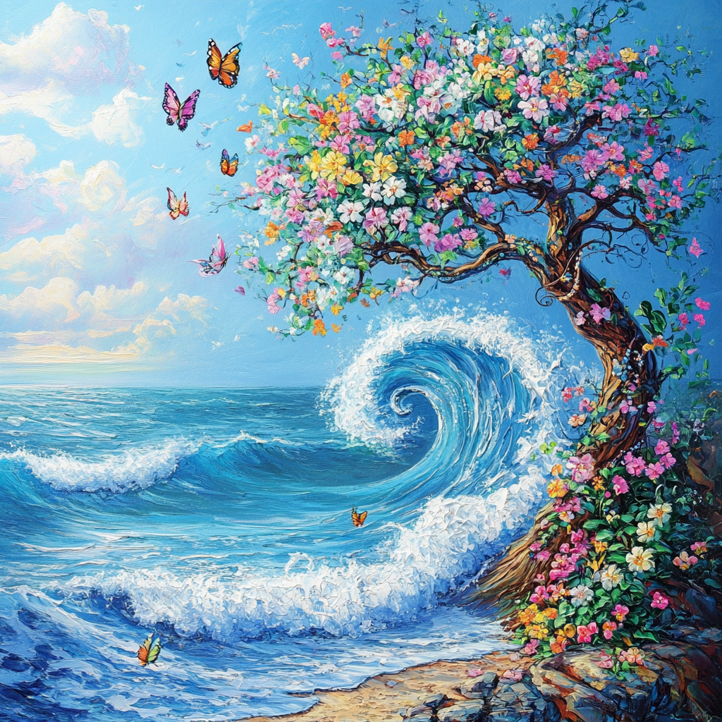 Waves And Spring Flower Tree Diamond Art Kit
