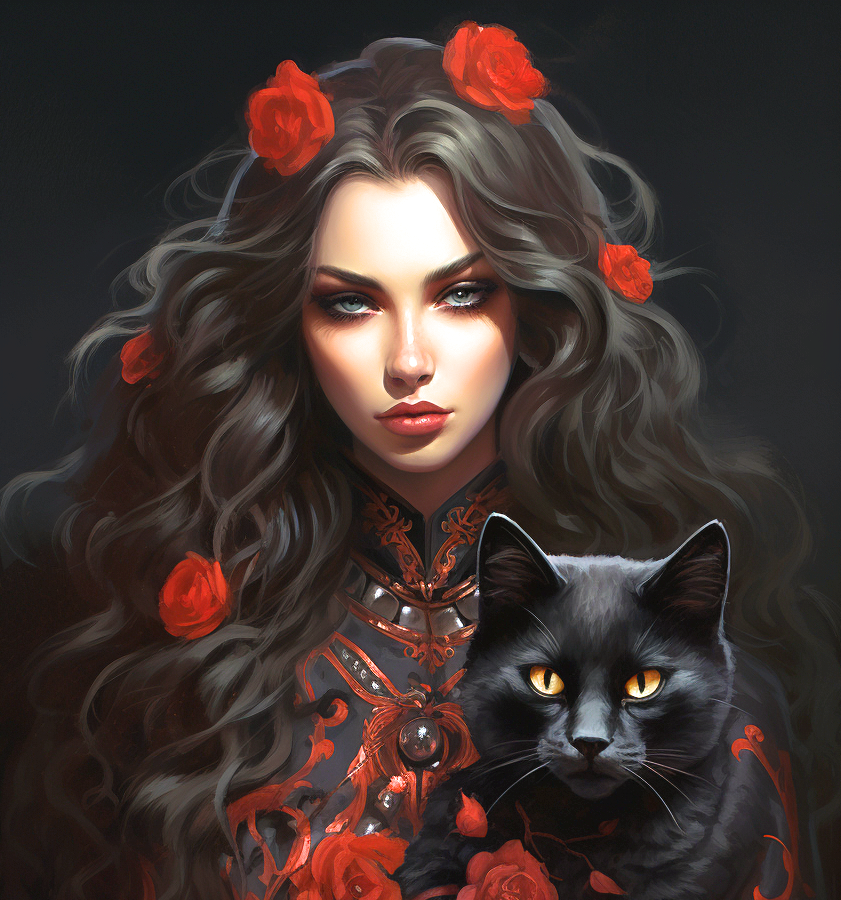 Red Rose Woman Black Cat Diamond Art Kit