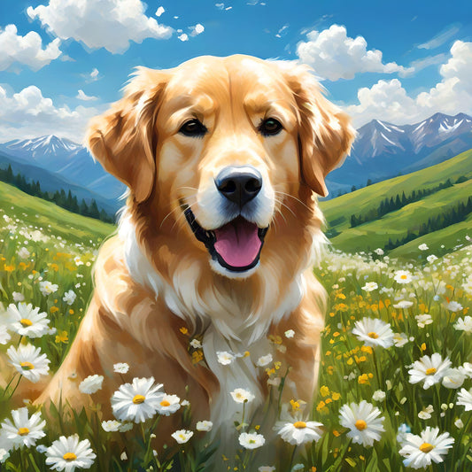 Close Up Golden Retriever Flowers Diamond Art Kit