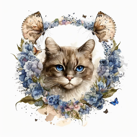 Blue Flower Wreath Cat Diamond Art Kit