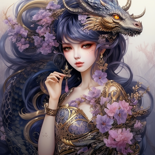 Dragon Purple Flower Geisha Girl Diamond Art Kit