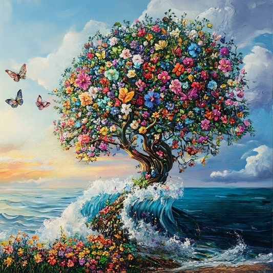 Colorful Flower Tree And Waves Diamond Art Kit