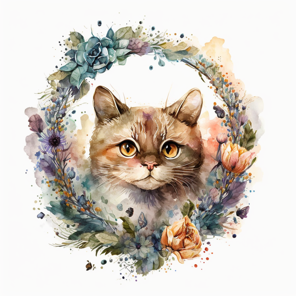 Cat Flower Watercolor Wreath Diamond Art Kit