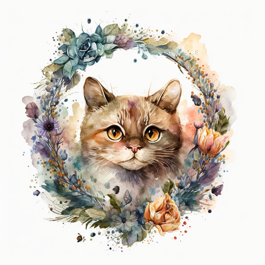 Cat Flower Watercolor Wreath Diamond Art Kit