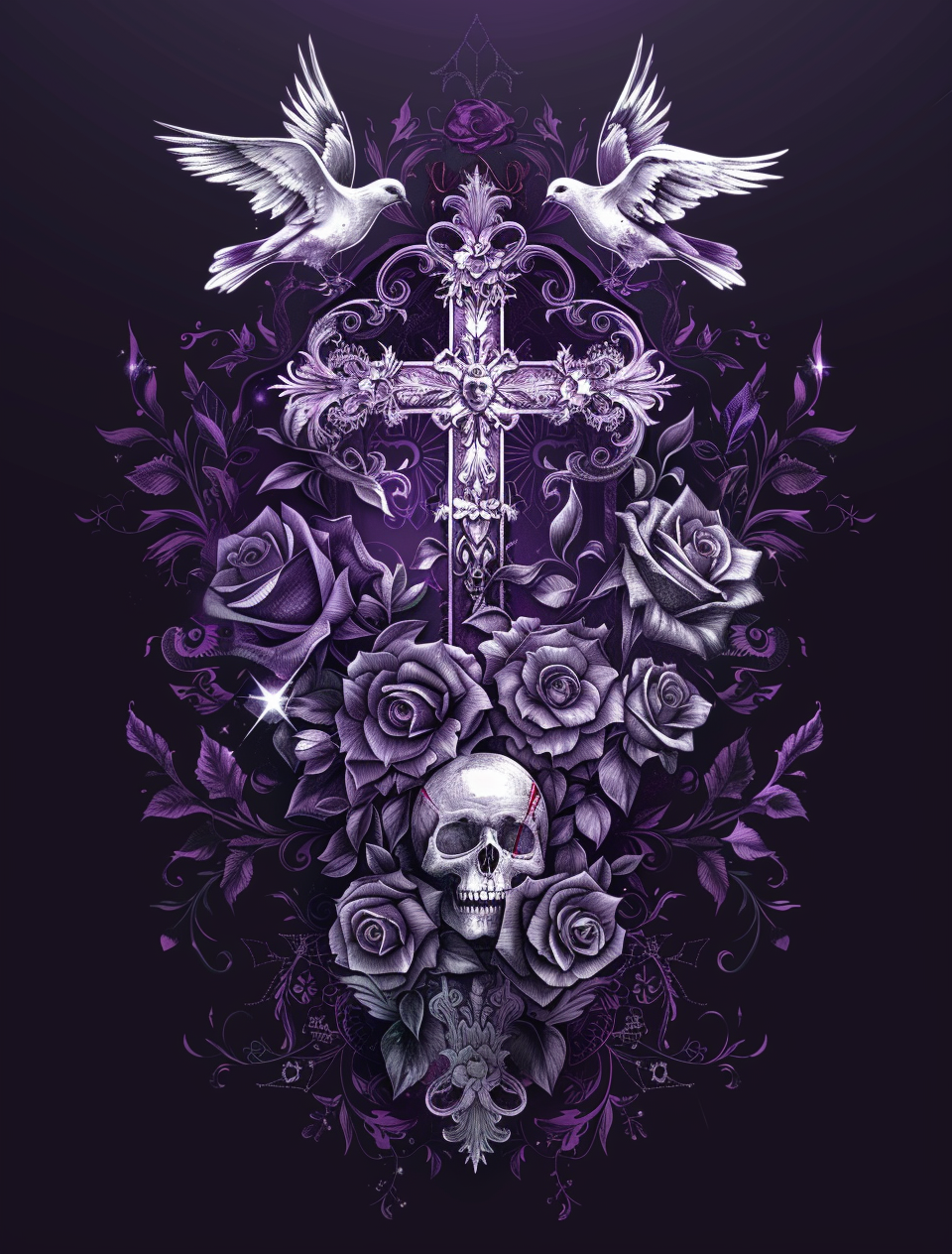 Two Dove Purple Rose Cross Diamond Art Kit