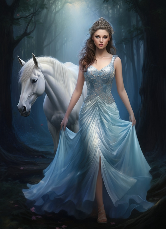 Blue Dress Woman And Whitehorse Diamond Art Kit