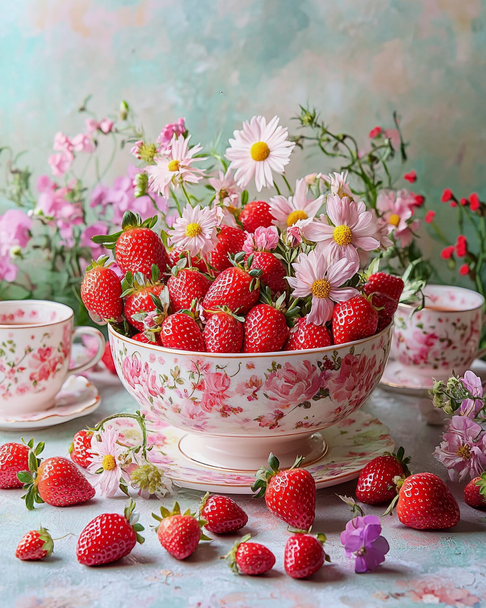 Bowl Of Flowers And Strawberries Diamond Art Kit