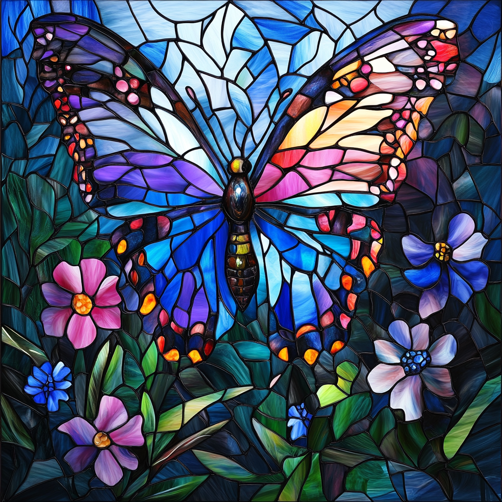 Blue Abstract Background Colorful Butterfly Diamond Art Kit