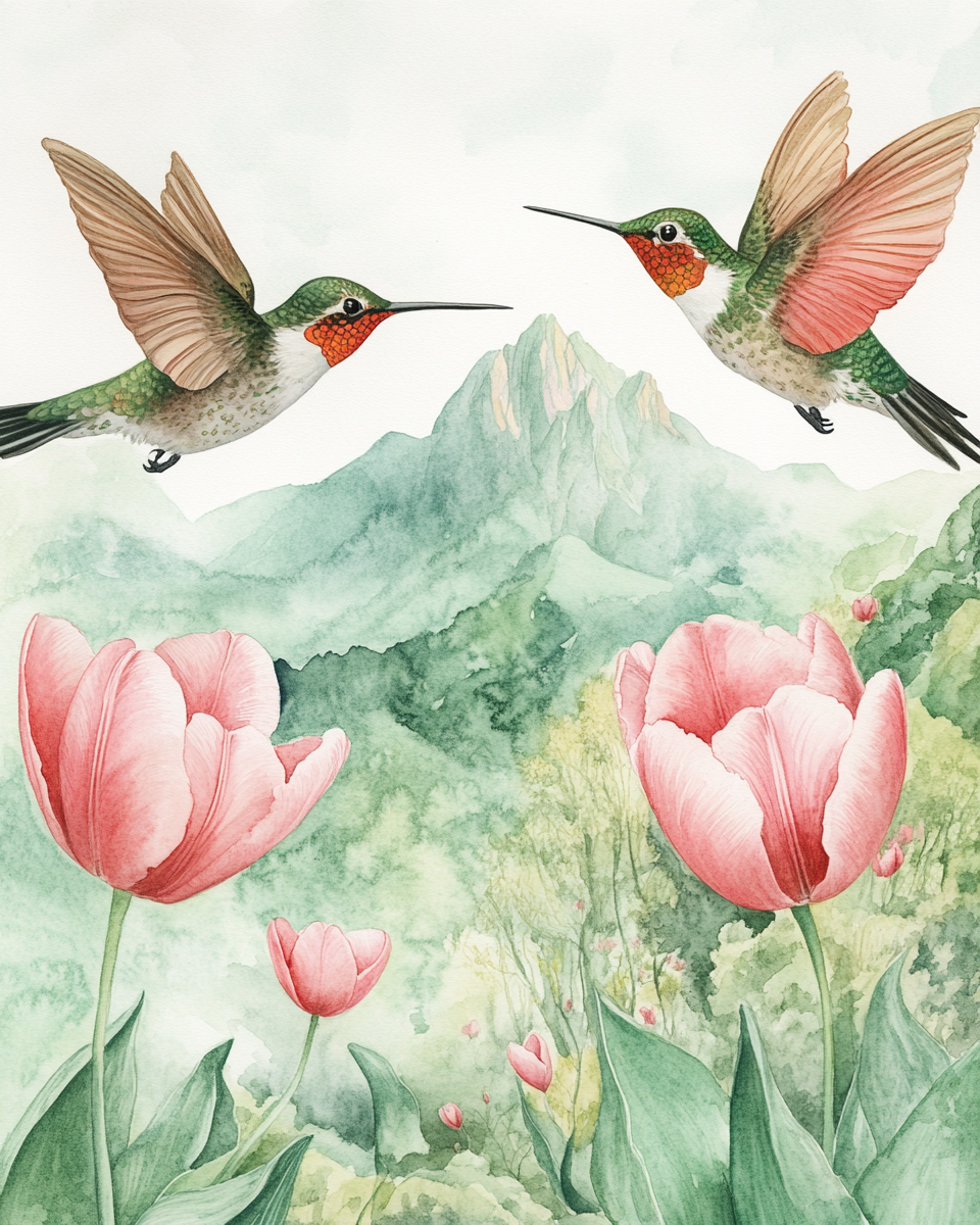 Pink Tulips And Hummingbirds Mountains Diamond Art Kit