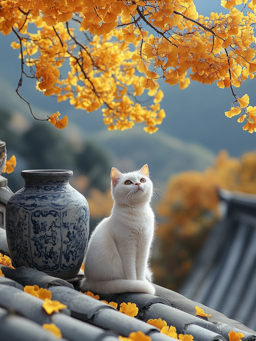 Yellow Leaves White Cat Diamond Art Kit