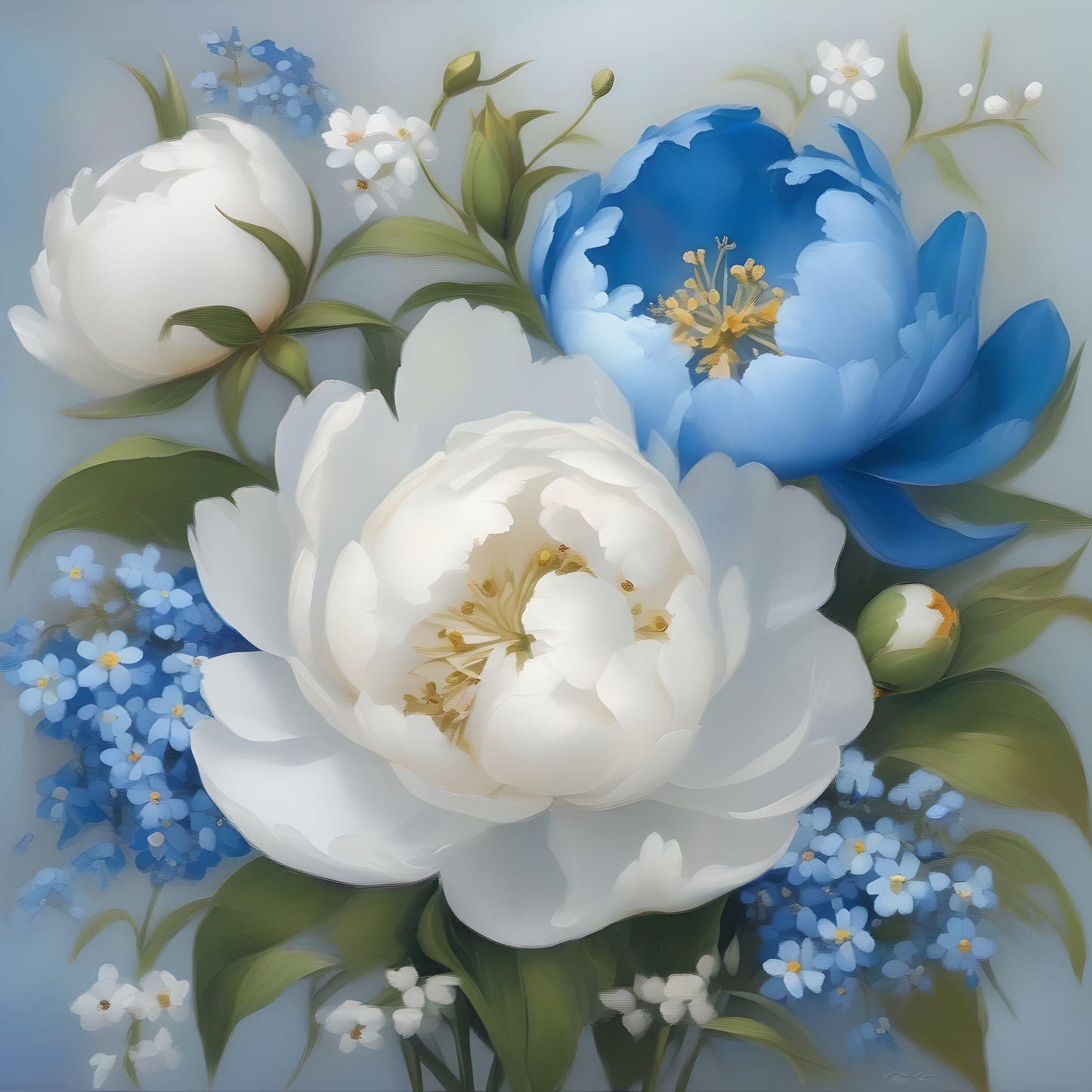 White And Blue Peonies Diamond Art Kit