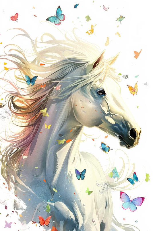 Whitehorse And Colorful Butterflies Diamond Art Kit